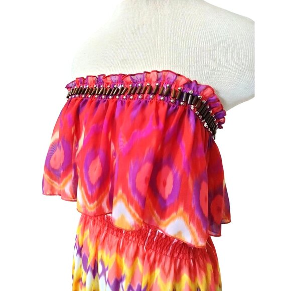 2b Bebe Strapless Maxi Dress With Beaded Top & Vibrant Boho Print Size Medium - Picture 5 of 9